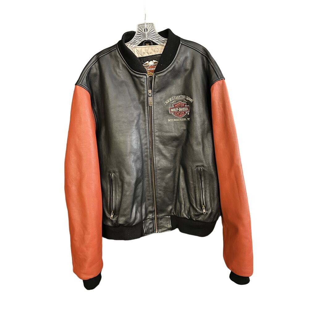 Harley Davidson Black Orange Vintage Leather Motorcycle Jacket Size 2X-Large